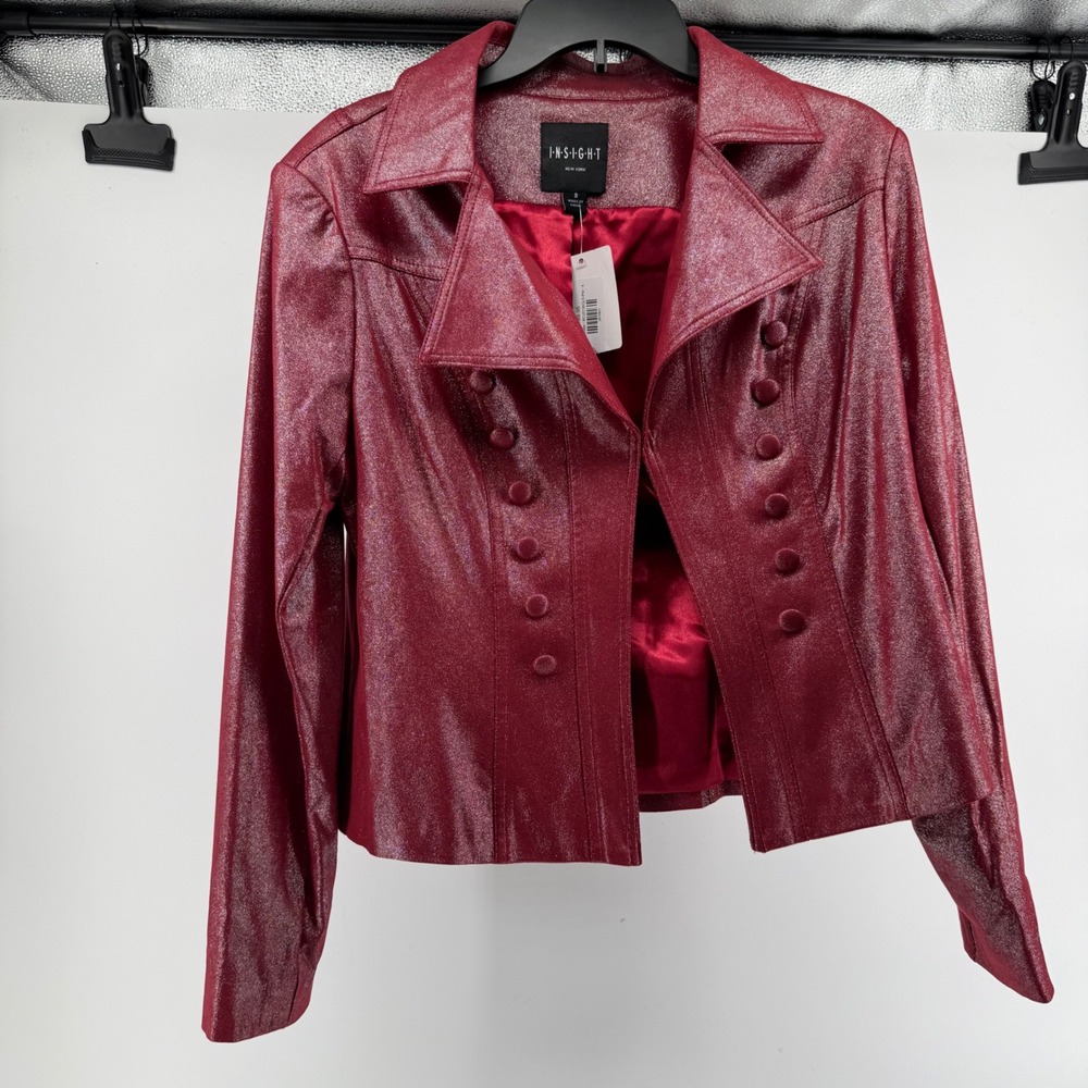 Insight New York Metallic Red Blazer Jacket Shimmer Hook Eye Closure Size 8
